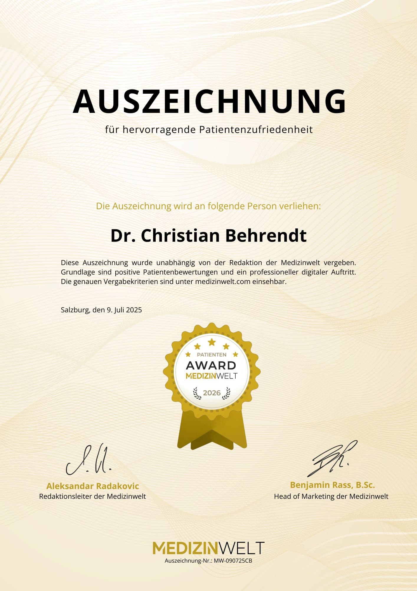 Medizinwelt Award Zertifikat für Dr. Christian Behrendt
