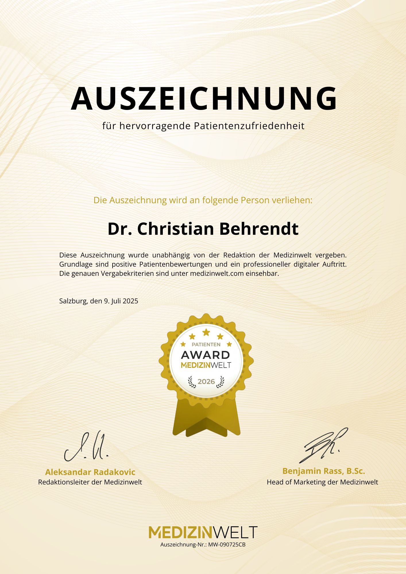 Medizinwelt Award Zertifikat für Dr. Christian Behrendt